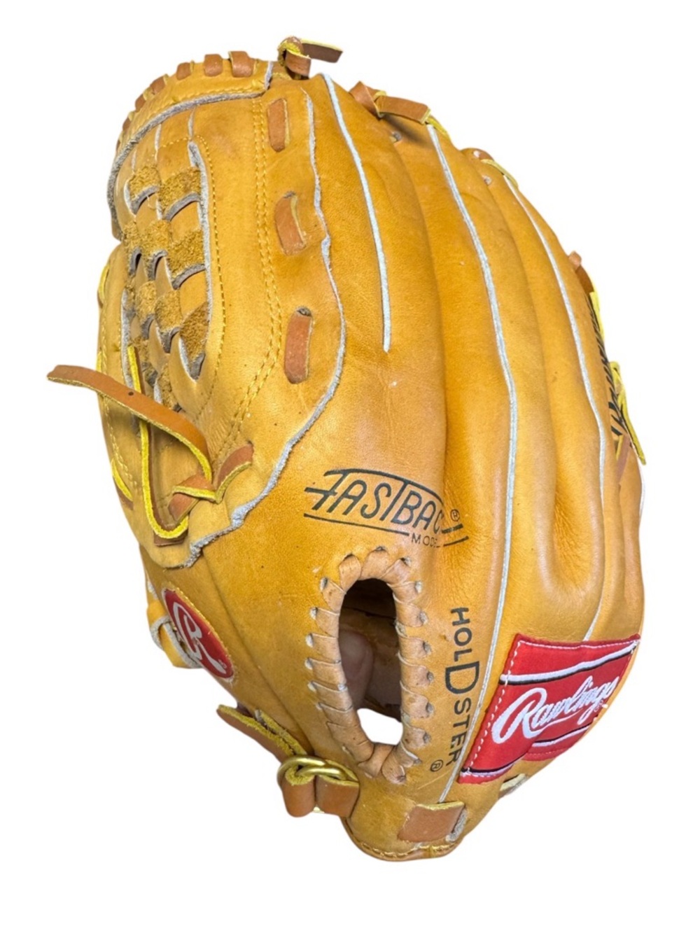 vintage Rawlings Holdster Fastback model baseball glove in a tan color.